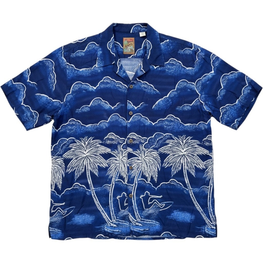 Pineapple Connection Mens Hawaiian Shirt Large Blue Palm Tree Surfer Rayon Beach